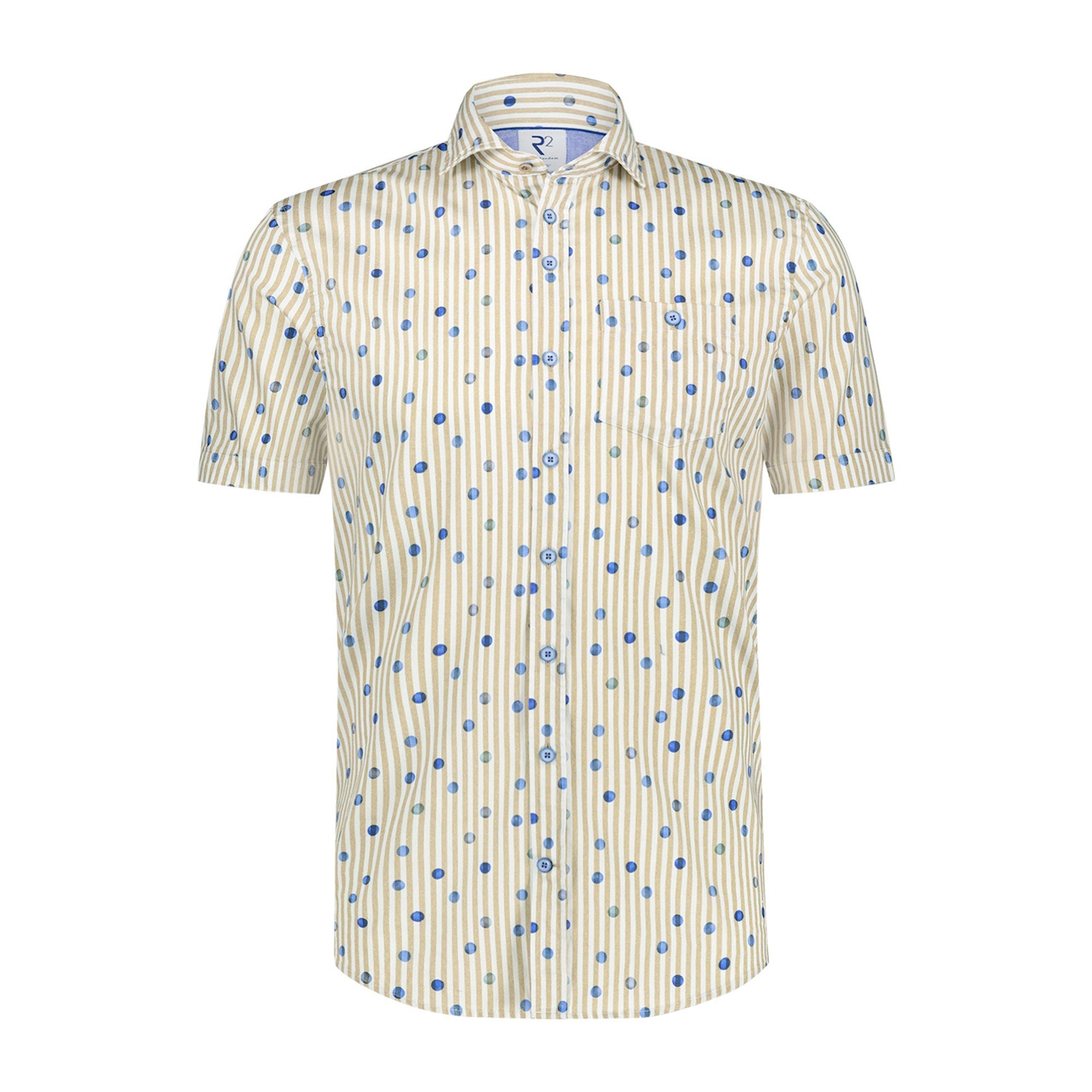 Brand Partner,R2 Amsterdam, R2 Amsterdam White With Beige Vertically Striped Blue Dot Print Short Sleeve Button Up Shirt, White, Medium-41-Tag39
