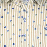 R2 Amsterdam White With Beige Vertically Striped Blue Dot Print Short Sleeve Button Up Shirt