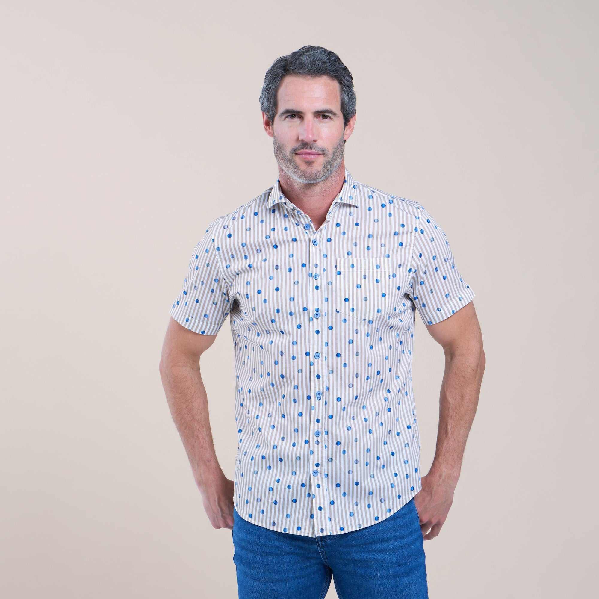 Brand Partner,R2 Amsterdam, R2 Amsterdam White With Beige Vertically Striped Blue Dot Print Short Sleeve Button Up Shirt, White, Medium-41-Tag39