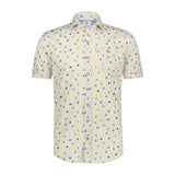 R2 Amsterdam White With Beige Vertically Striped Blue Dot Print Short Sleeve Button Up Shirt