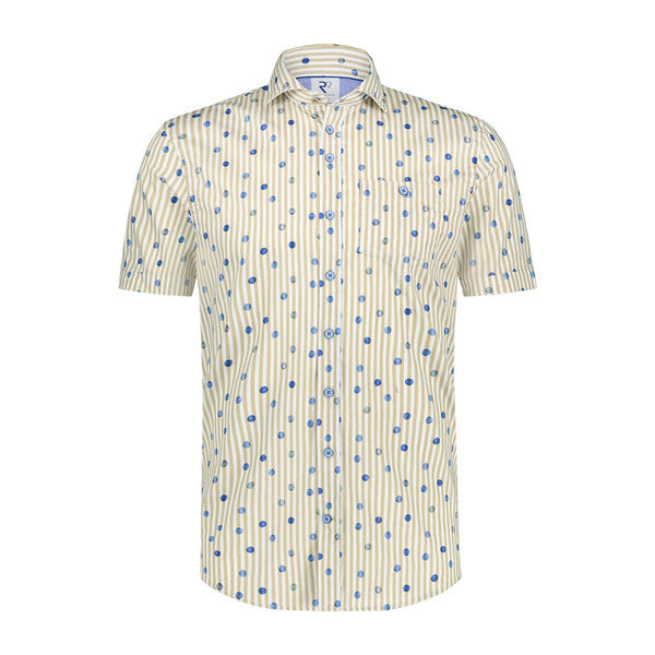 R2 Amsterdam White With Beige Vertically Striped Blue Dot Print Short Sleeve Button Up Shirt