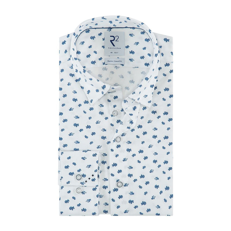 R2 Amsterdam White With Blue Abstract Maple Leaf Print Long Sleeve Button Up Shirt