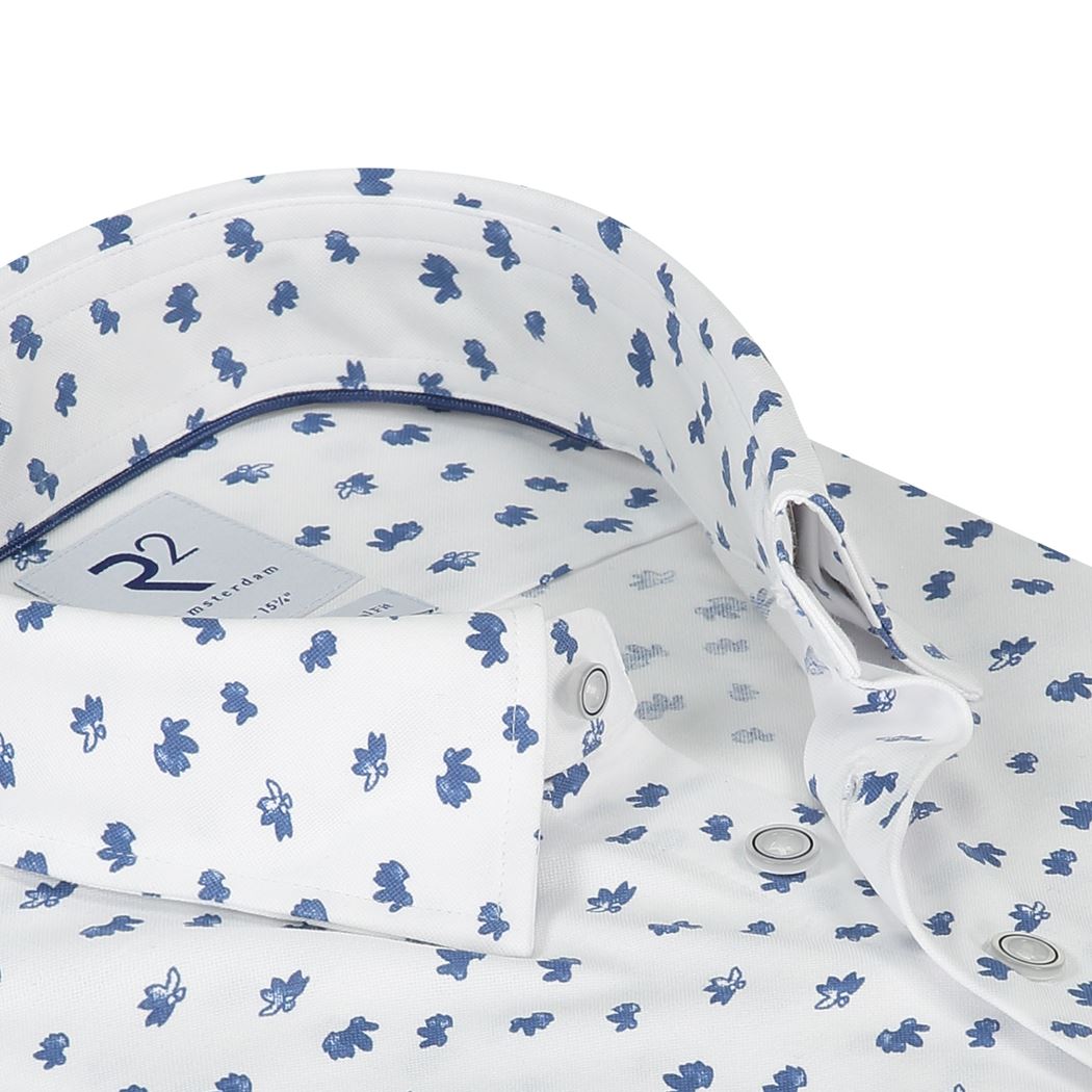 Brand Partner,R2 Amsterdam, R2 Amsterdam White With Blue Abstract Maple Leaf Print Long Sleeve Button Up Shirt, White, Medium-44-TagM