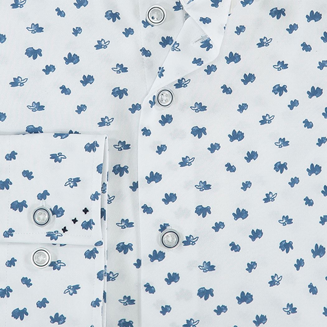 Brand Partner,R2 Amsterdam, R2 Amsterdam White With Blue Abstract Maple Leaf Print Long Sleeve Button Up Shirt, White, Medium-44-TagM