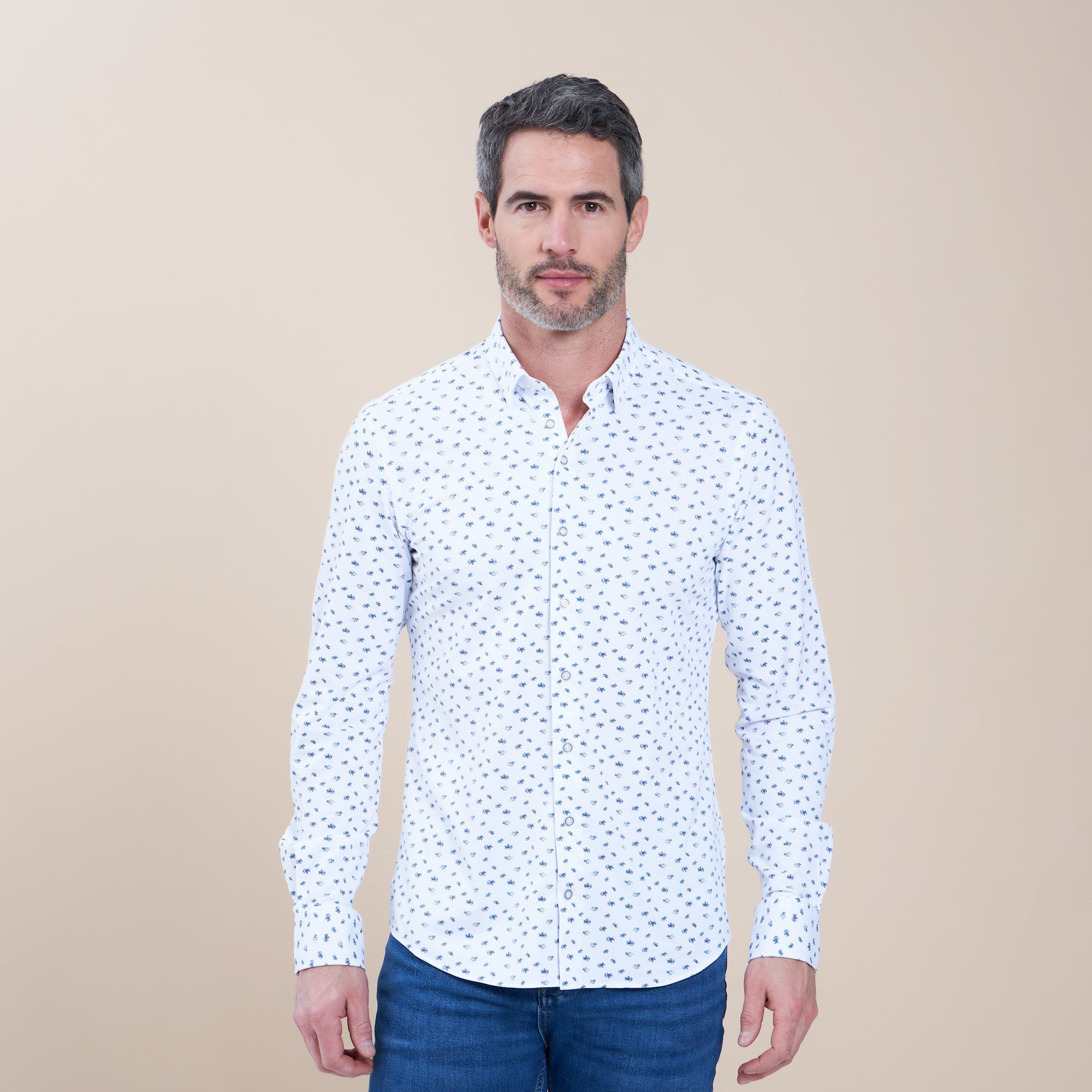 Brand Partner,R2 Amsterdam, R2 Amsterdam White With Blue Abstract Maple Leaf Print Long Sleeve Button Up Shirt, White, Medium-44-TagMExtra Extra Large-54-TagXXL