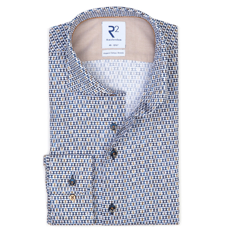 R2 Amsterdam White With Blue Multi Chair Print Long Sleeve Button Up Shirt