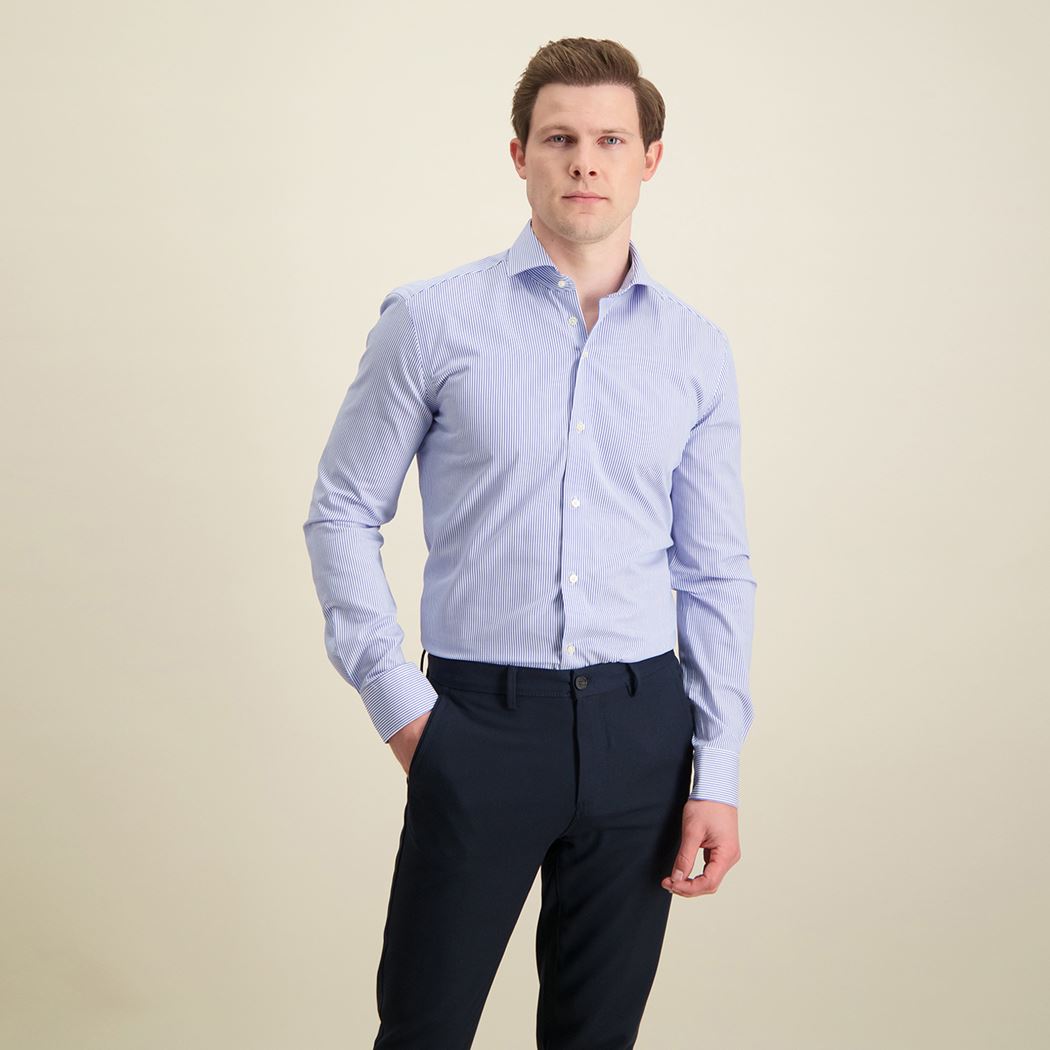 Brand Partner,R2 Amsterdam, R2 Amsterdam White With Blue Pinstripe Long Sleeve Button Up Shirt, White, Extra Extra Large-53-TagXXL