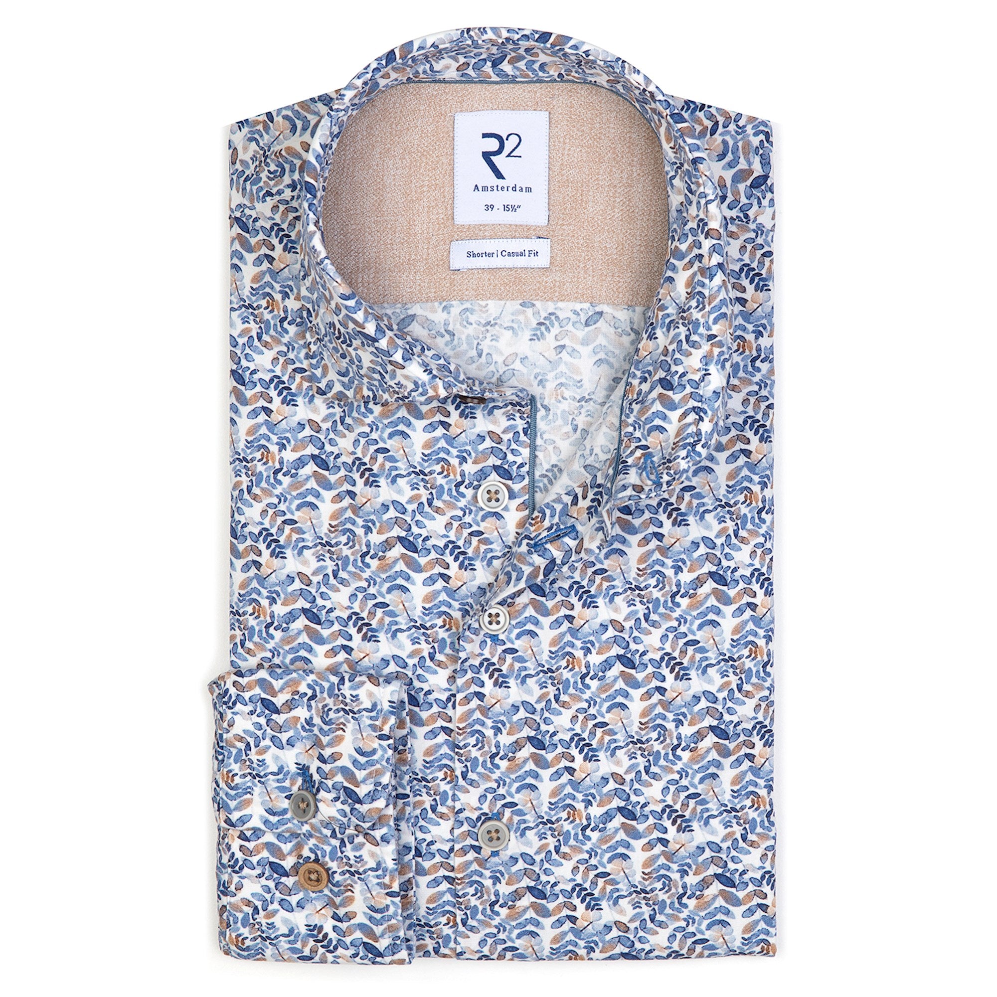 Brand Partner,R2 Amsterdam, R2 Amsterdam White With Blue Watercolor Small Leaf Print Long Sleeve Button Up Shirt, White, Extra Extra Large-51-TagXXL