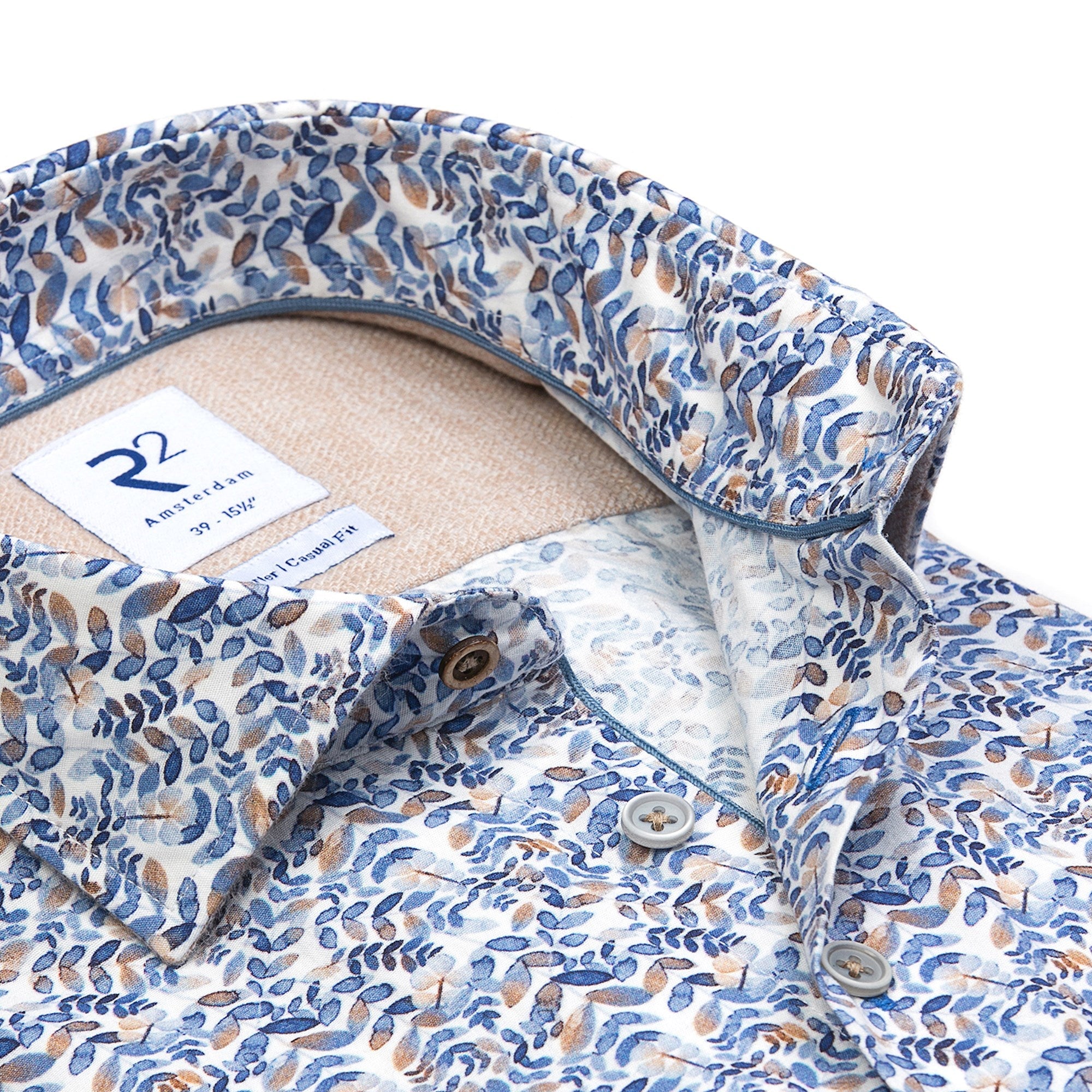 Brand Partner,R2 Amsterdam, R2 Amsterdam White With Blue Watercolor Small Leaf Print Long Sleeve Button Up Shirt, White, Extra Extra Large-51-TagXXL