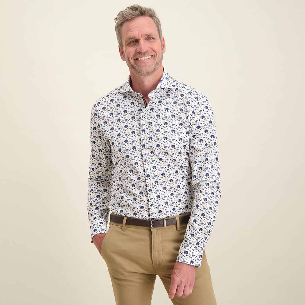Brand Partner,R2 Amsterdam, R2 Amsterdam White With Blue & Brown Animal Print Long Sleeve Button Up Shirt, White, Large-47-Tag42