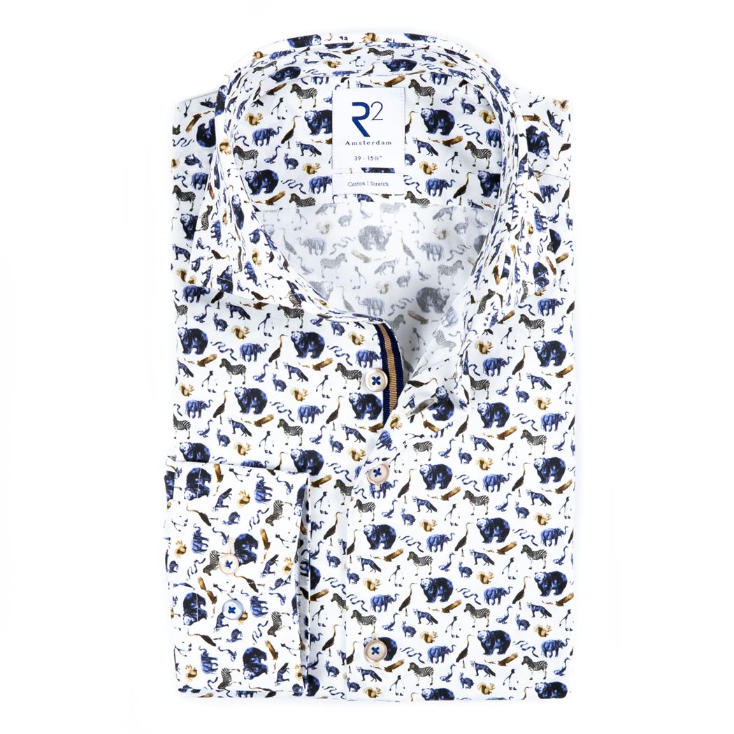 Brand Partner,R2 Amsterdam, R2 Amsterdam White With Blue & Brown Animal Print Long Sleeve Button Up Shirt, White, Large-47-Tag42