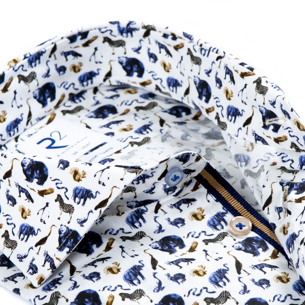 Brand Partner,R2 Amsterdam, R2 Amsterdam White With Blue & Brown Animal Print Long Sleeve Button Up Shirt, White, Large-47-Tag42