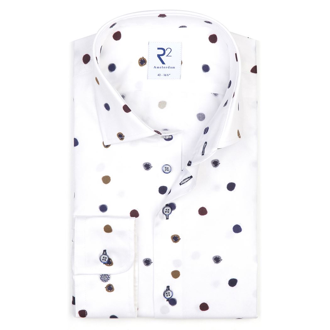 Brand Partner,R2 Amsterdam, R2 Amsterdam White With Brown & Blue Polka Dot Long Sleeve Button Up Shirt, White, Small-42-TagS