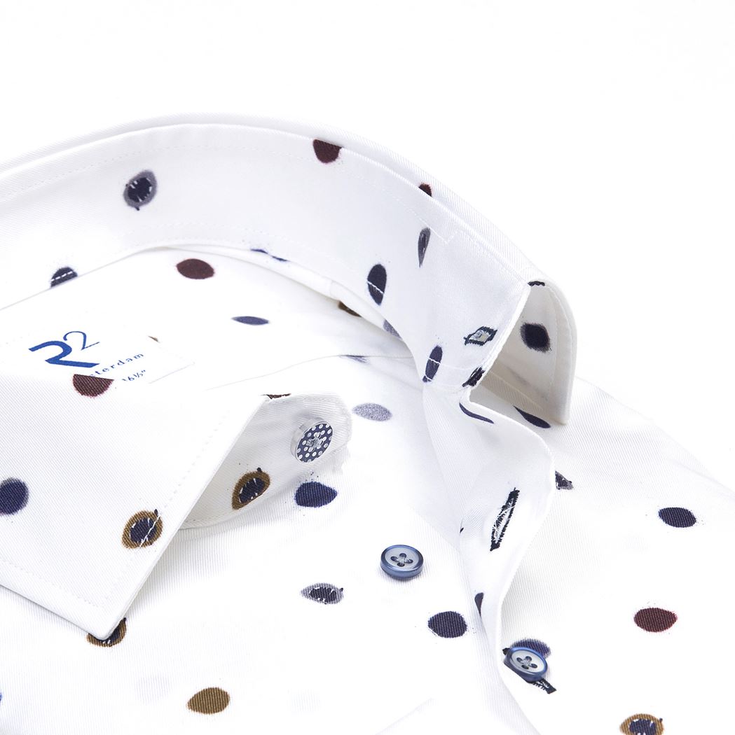 Brand Partner,R2 Amsterdam, R2 Amsterdam White With Brown & Blue Polka Dot Long Sleeve Button Up Shirt, White, Small-42-TagS