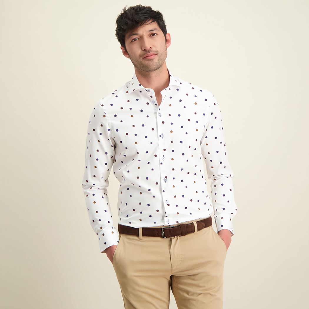 Brand Partner,R2 Amsterdam, R2 Amsterdam White With Brown & Blue Polka Dot Long Sleeve Button Up Shirt, White, Small-42-TagS