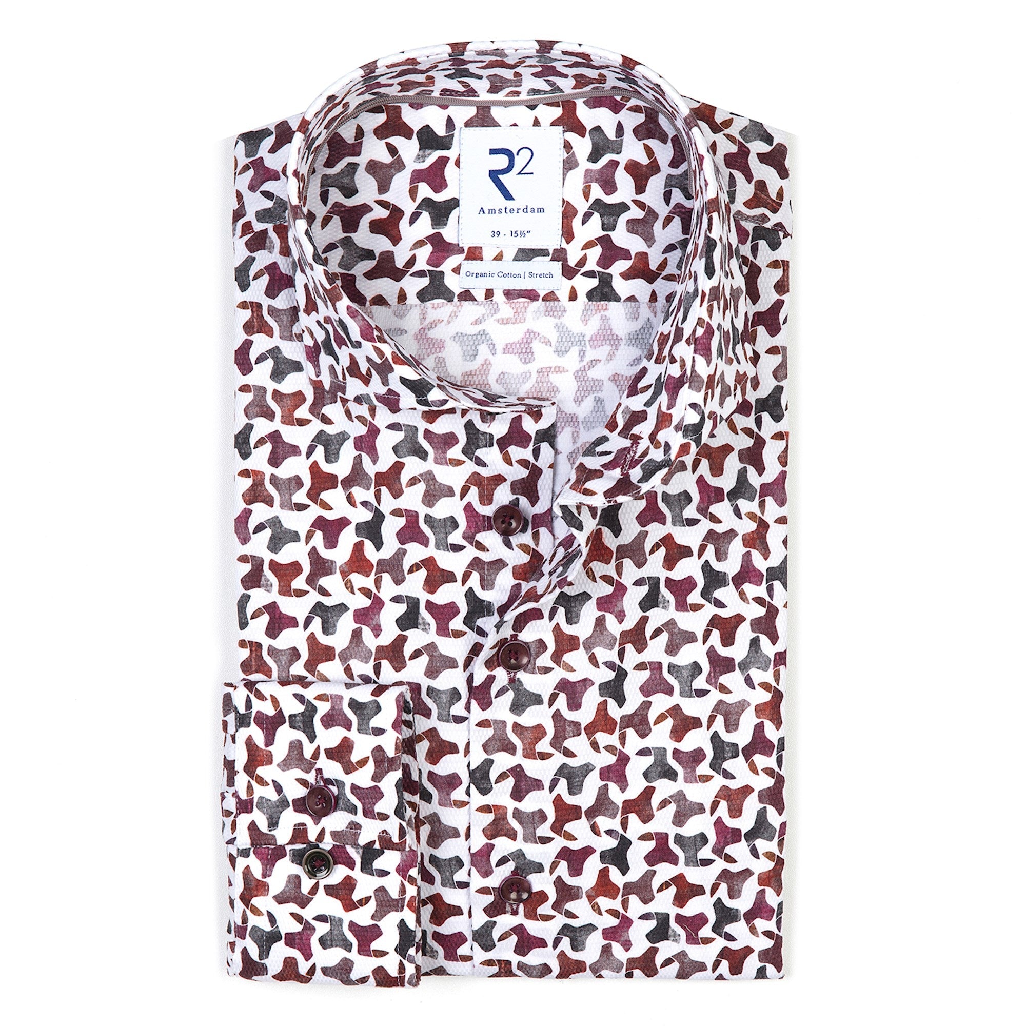 Brand Partner,R2 Amsterdam, R2 Amsterdam White With Burgundy Abstract Camo Print Long Sleeve Button Up Shirt, White, Medium-43-TagM