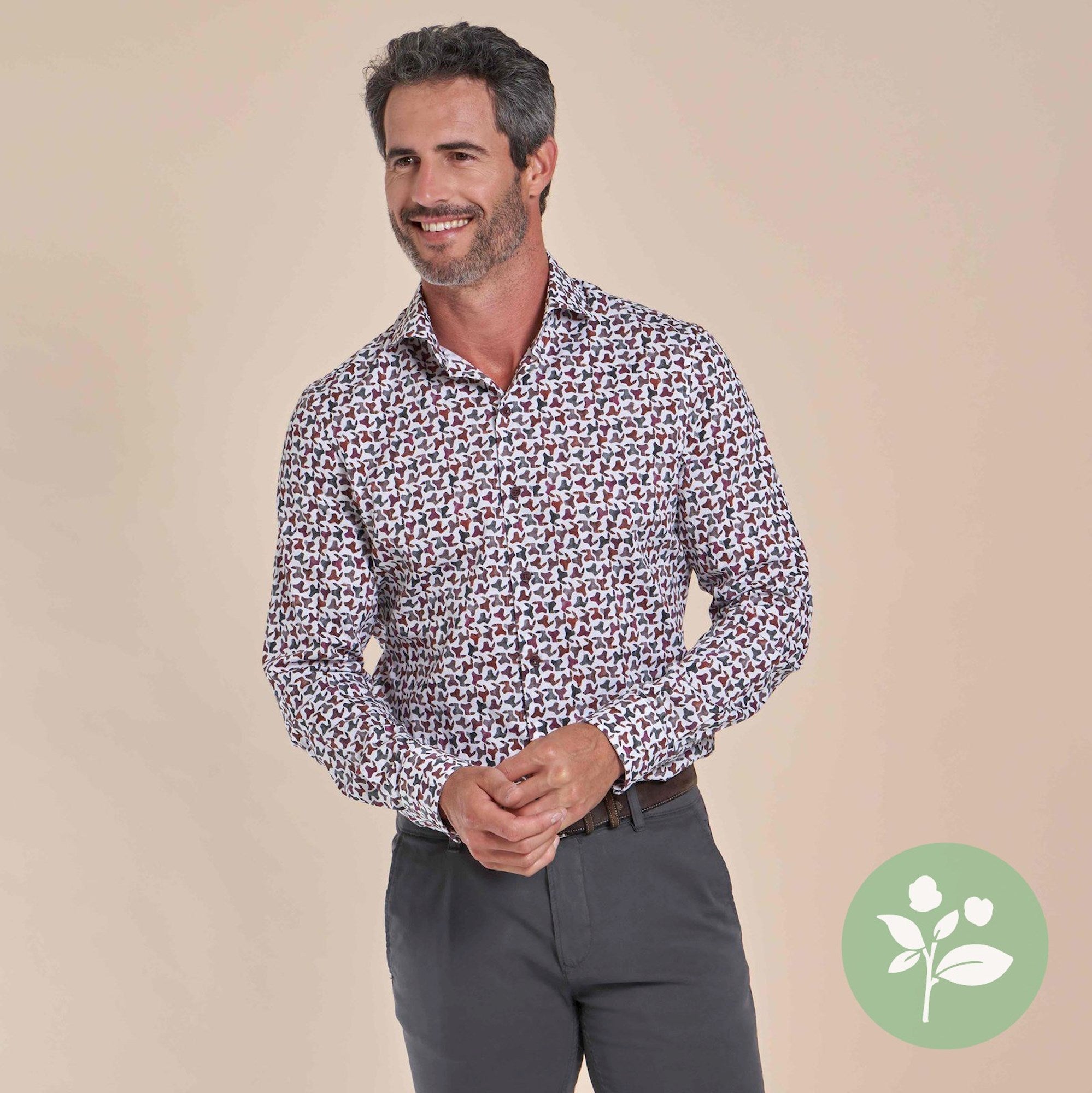 Brand Partner,R2 Amsterdam, R2 Amsterdam White With Burgundy Abstract Camo Print Long Sleeve Button Up Shirt, White, Medium-43-TagM