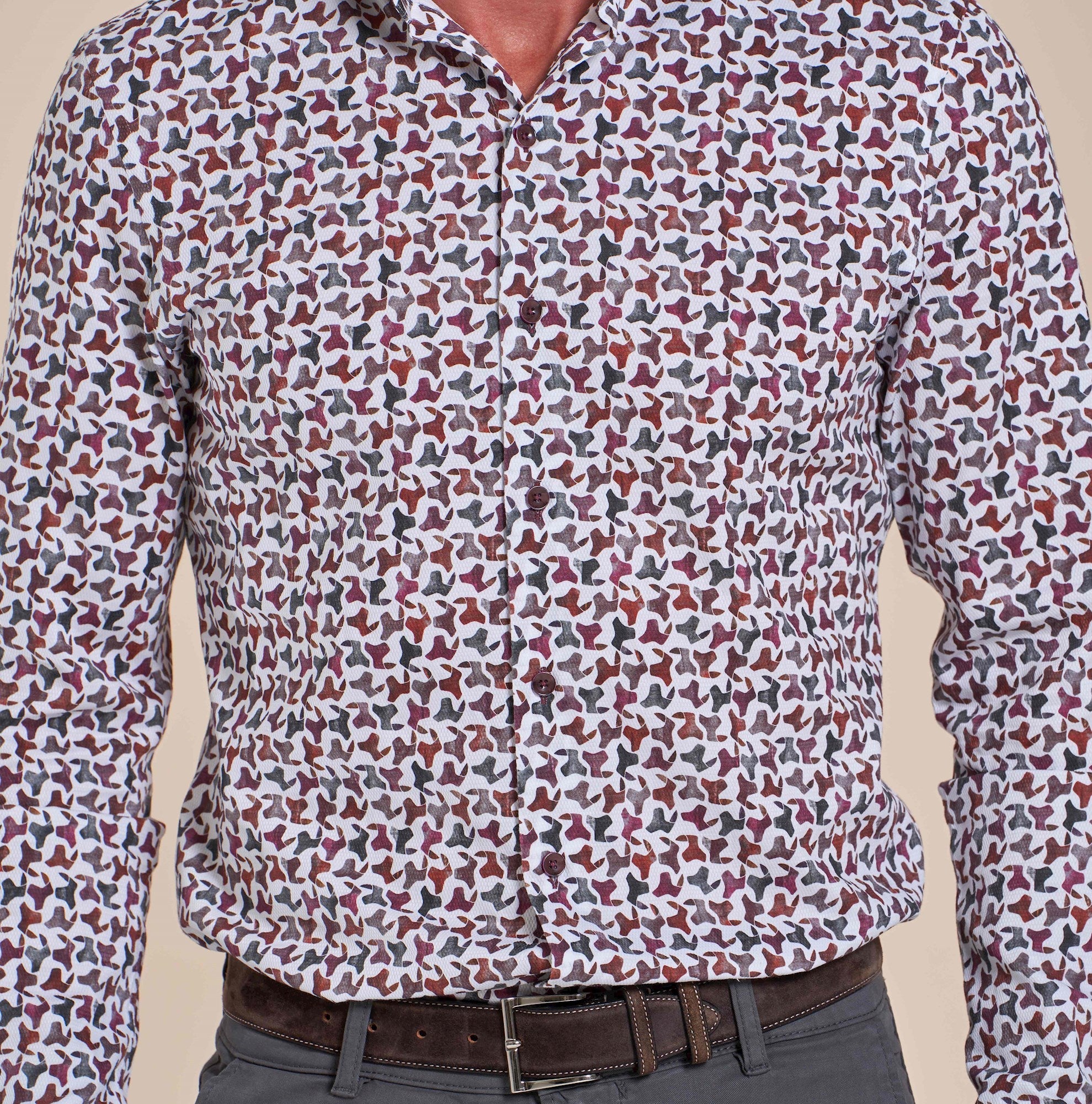 Brand Partner,R2 Amsterdam, R2 Amsterdam White With Burgundy Abstract Camo Print Long Sleeve Button Up Shirt, White, Medium-43-TagM