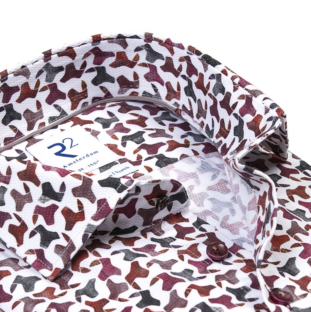 Brand Partner,R2 Amsterdam, R2 Amsterdam White With Burgundy Abstract Camo Print Long Sleeve Button Up Shirt, White, Medium-43-TagM