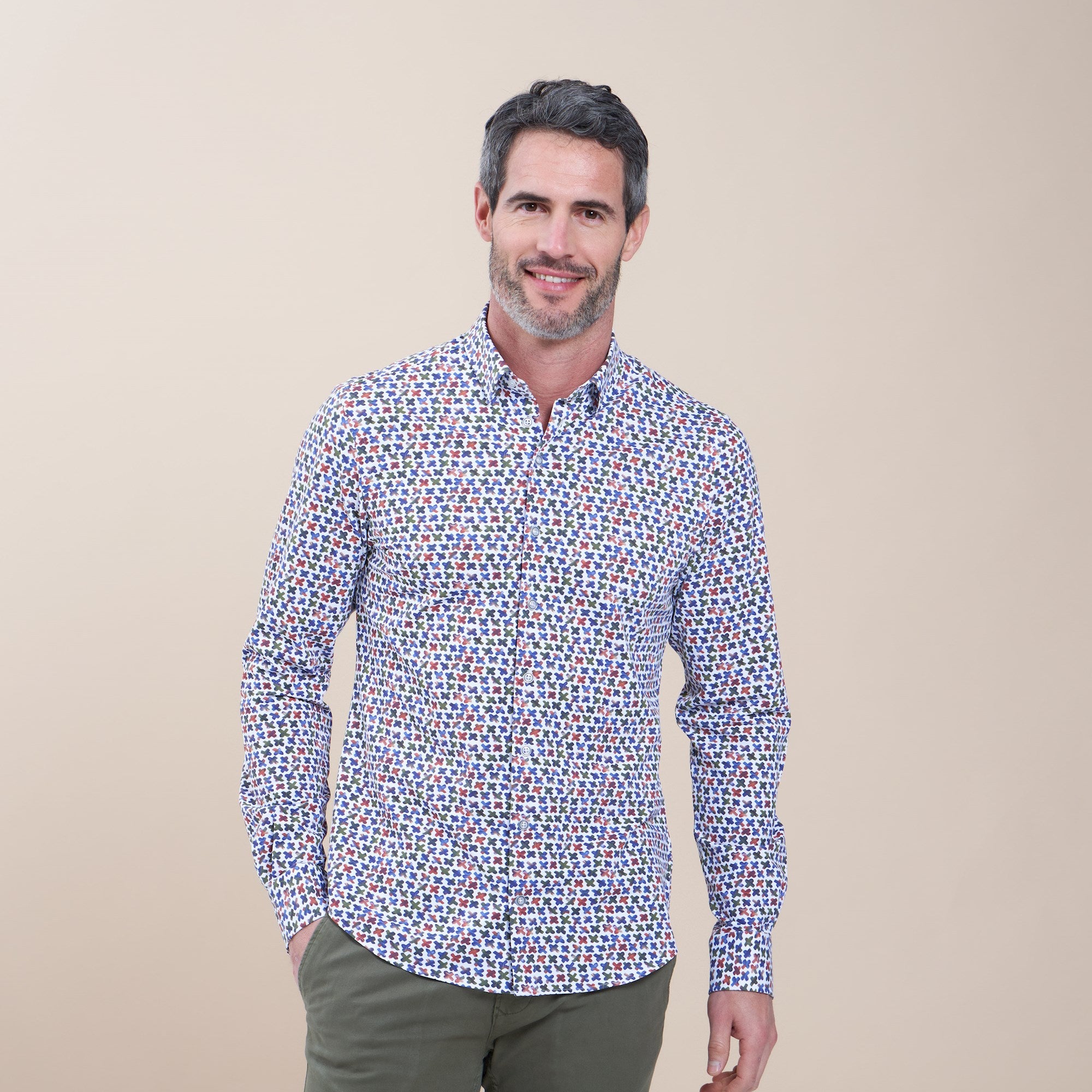 Brand Partner,R2 Amsterdam, R2 Amsterdam White With Criss Cross Print Long Sleeve Button Up Shirt, White, Medium-44-Tag40