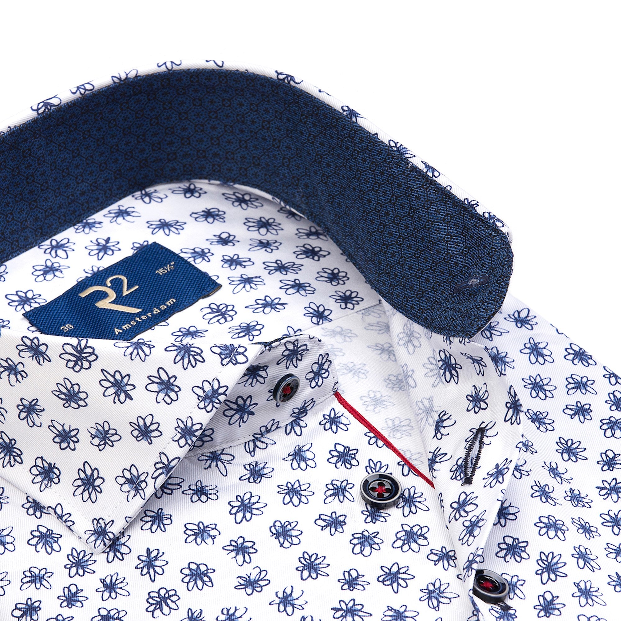 Brand Partner,R2 Amsterdam, R2 Amsterdam White With Dark Blue Doodle Flower Print Long Sleeve Button Up Shirt, White, Large-45-Tag41