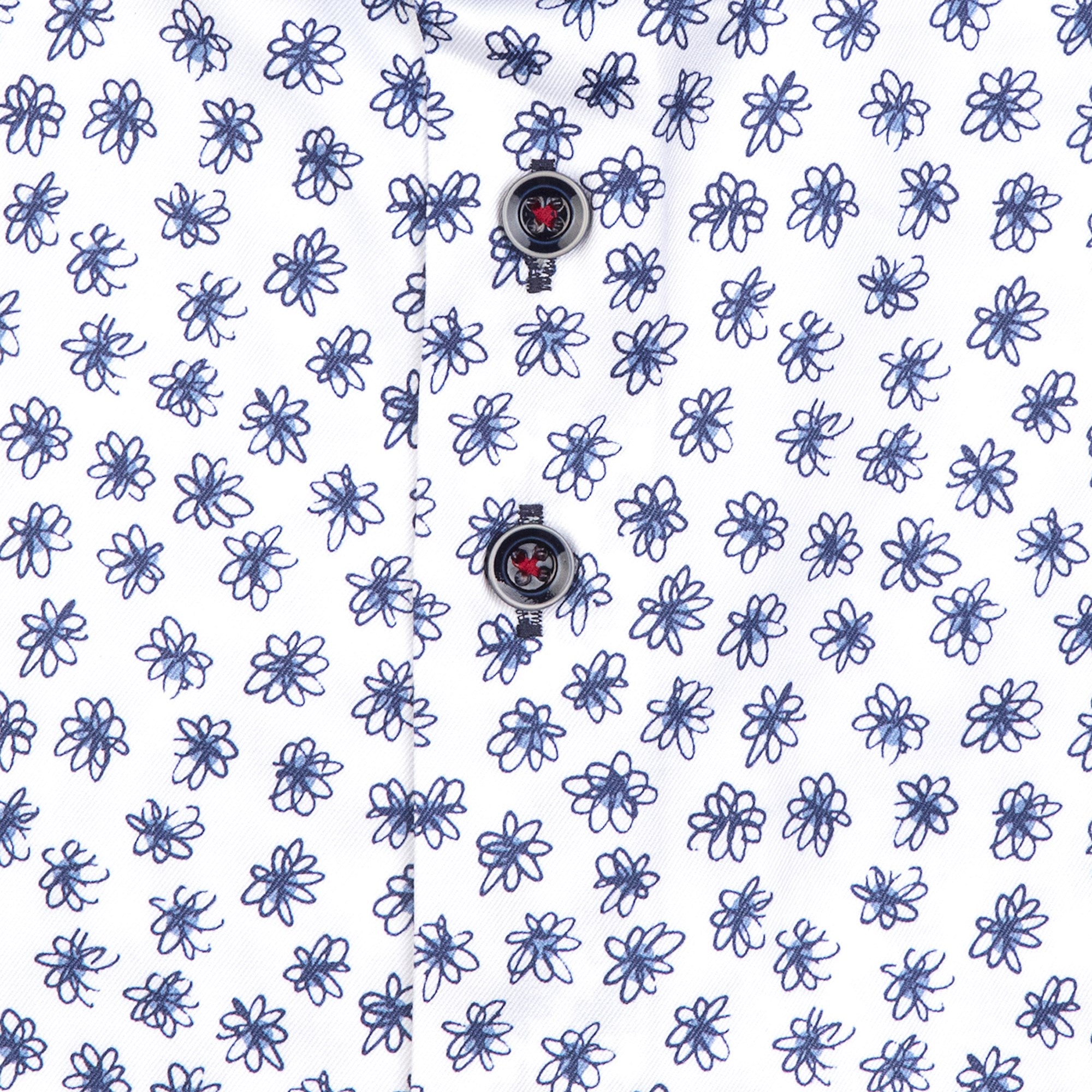 Brand Partner,R2 Amsterdam, R2 Amsterdam White With Dark Blue Doodle Flower Print Long Sleeve Button Up Shirt, White, Extra Extra Large-52-TagXXL
