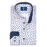 R2 Amsterdam White With Dark Blue Doodle Flower Print Long Sleeve Button Up Shirt