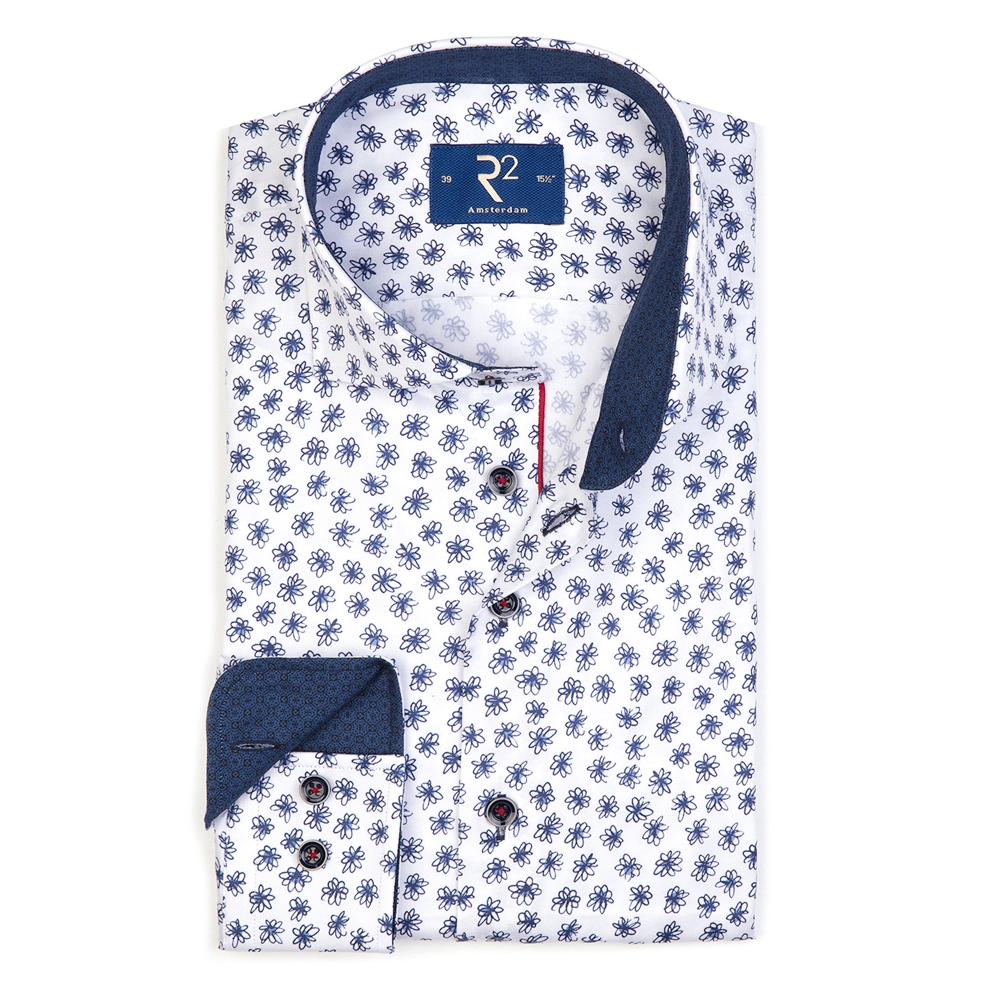 Brand Partner,R2 Amsterdam, R2 Amsterdam White With Dark Blue Doodle Flower Print Long Sleeve Button Up Shirt, White, Extra Extra Large-52-TagXXL