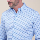 R2 Amsterdam White With Light Blue And Navy 4 Clover Print Textured Long Sleeve Button Up Shirt