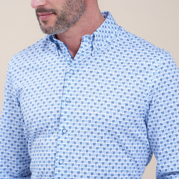 R2 Amsterdam White With Light Blue And Navy 4 Clover Print Textured Long Sleeve Button Up Shirt