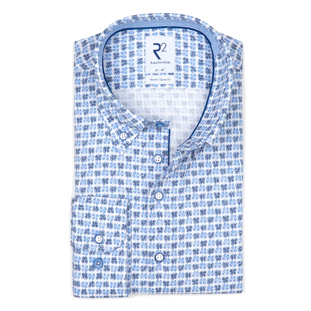 Brand Partner,R2 Amsterdam, R2 Amsterdam White With Light Blue And Navy 4 Clover Print Textured Long Sleeve Button Up Shirt, White, Large-46-Tag41