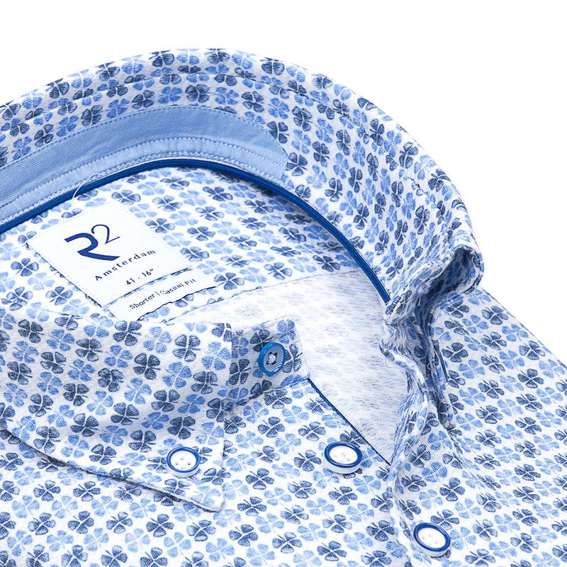 R2 Amsterdam White With Light Blue And Navy 4 Clover Print Textured Long Sleeve Button Up Shirt