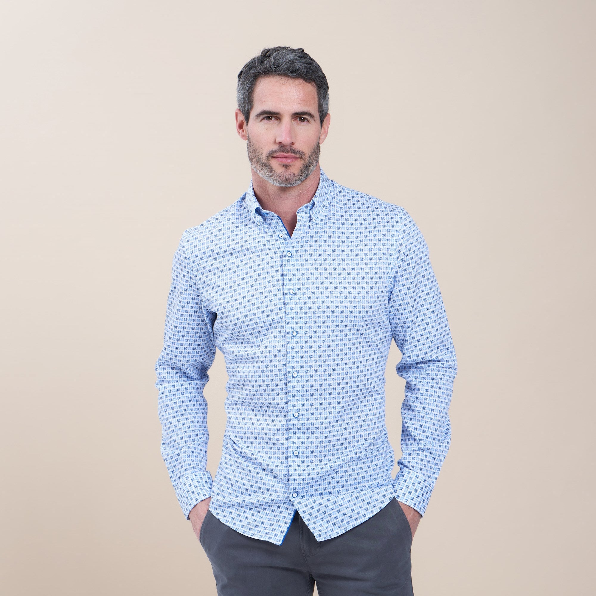 Brand Partner,R2 Amsterdam, R2 Amsterdam White With Light Blue And Navy 4 Clover Print Textured Long Sleeve Button Up Shirt, White, Large-46-Tag41