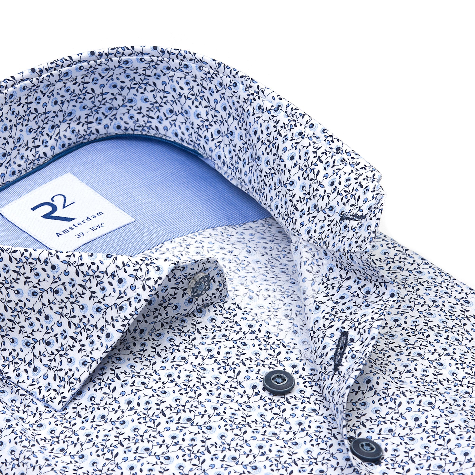 Brand Partner,R2 Amsterdam, R2 Amsterdam White With Mini Blue Flower Print Long Sleeve Button Up Shirt, White, Extra Large-50-TagXL