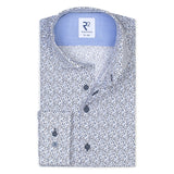 R2 Amsterdam White With Mini Blue Flower Print Long Sleeve Button Up Shirt