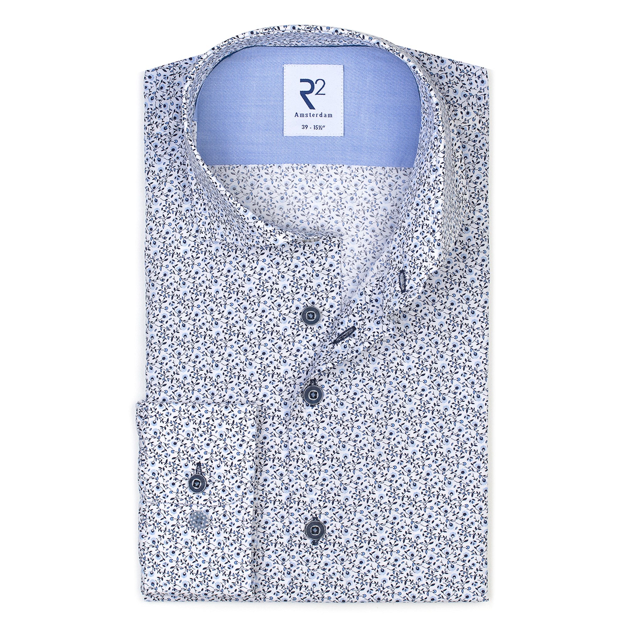 Brand Partner,R2 Amsterdam, R2 Amsterdam White With Mini Blue Flower Print Long Sleeve Button Up Shirt, White, Extra Large-50-TagXL