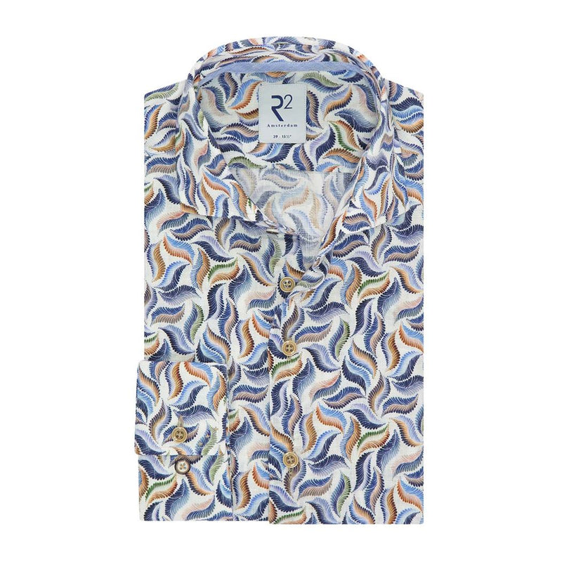 R2 Amsterdam White With Multi-Colored Abstract Leaf Print Linen Long Sleeve Button Up Shirt