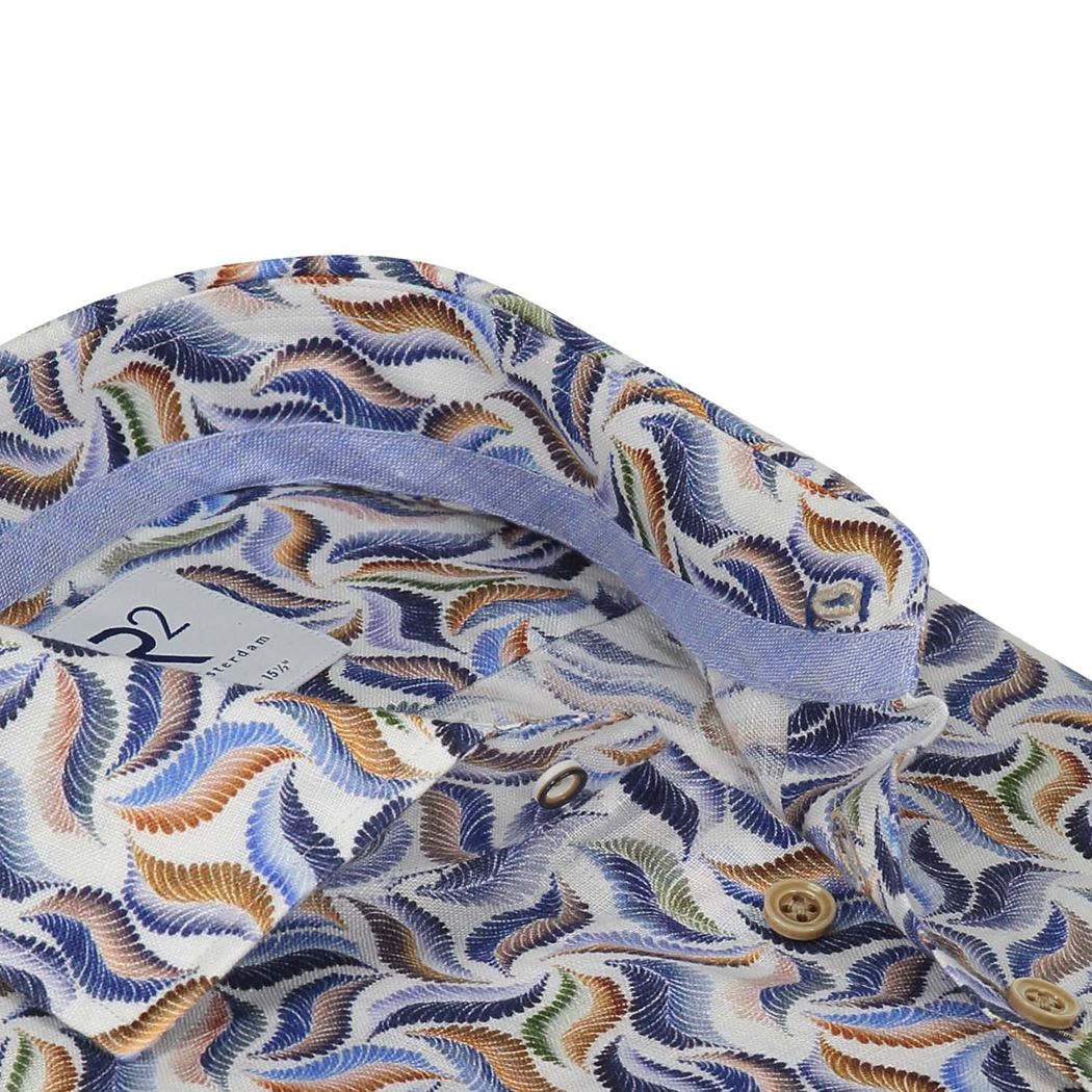 Brand Partner,R2 Amsterdam, R2 Amsterdam White With Multi-Colored Abstract Leaf Print Linen Long Sleeve Button Up Shirt, White, Extra Extra Large-53-TagXXLMedium-43-TagM