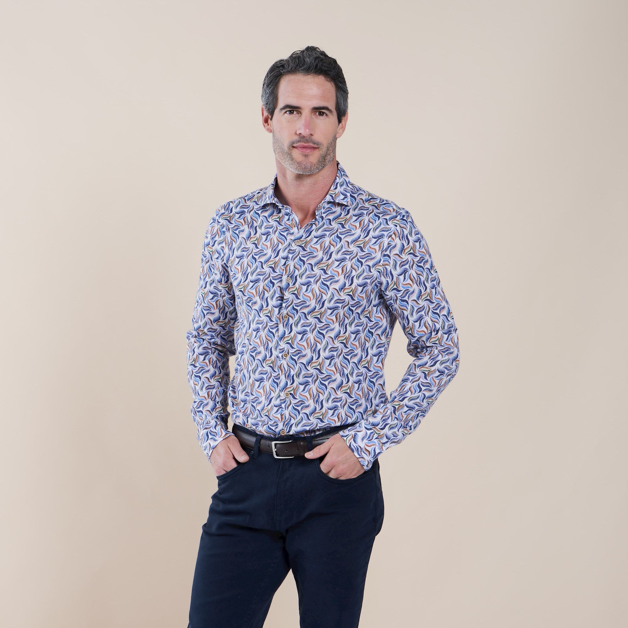 Brand Partner,R2 Amsterdam, R2 Amsterdam White With Multi-Colored Abstract Leaf Print Linen Long Sleeve Button Up Shirt, White, Extra Extra Large-53-TagXXLMedium-43-TagM