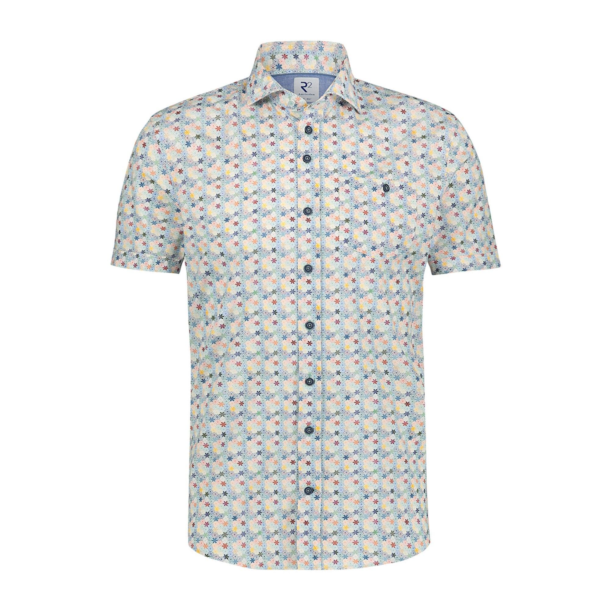Brand Partner,R2 Amsterdam, R2 Amsterdam White With Multi-Colored Flower Print Short Sleeve Button Up Shirt With Chest Pocket, White, Small-42-TagS