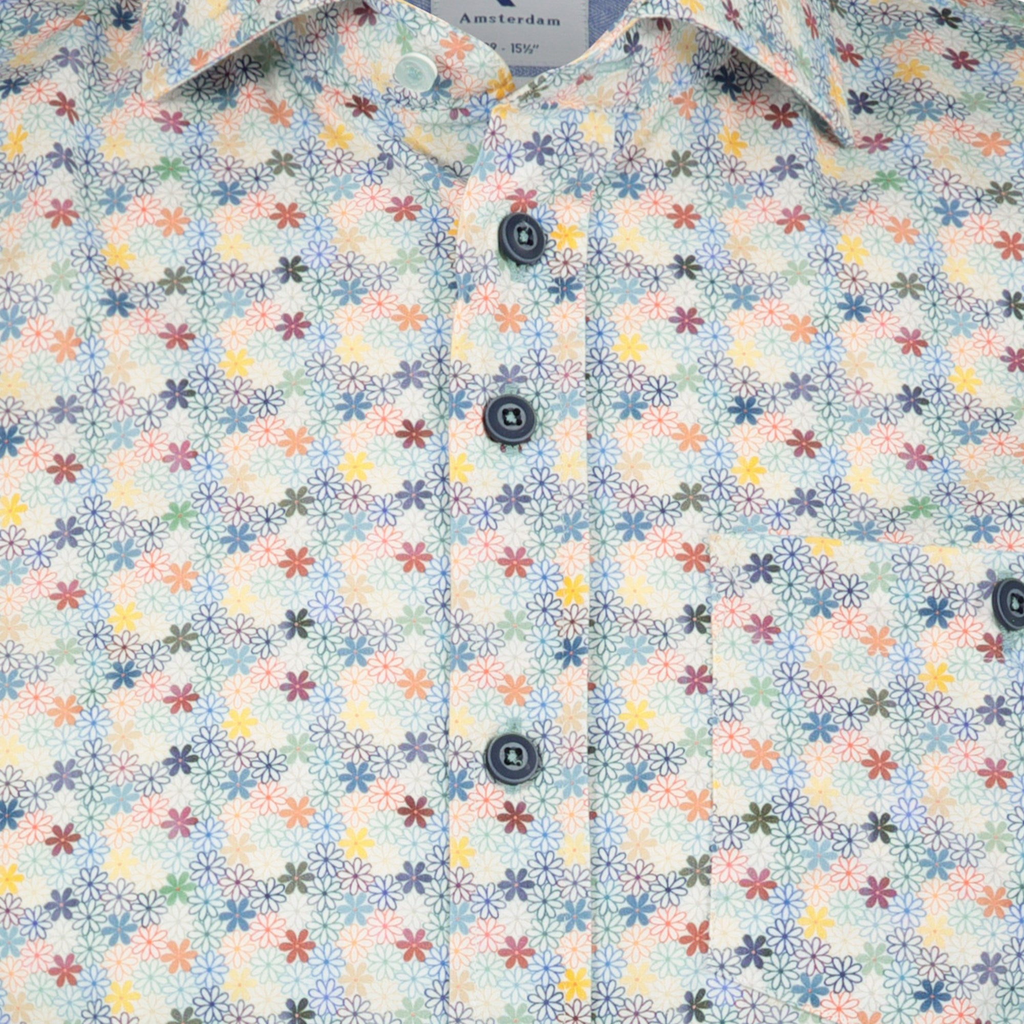 Brand Partner,R2 Amsterdam, R2 Amsterdam White With Multi-Colored Flower Print Short Sleeve Button Up Shirt With Chest Pocket, White, Small-42-TagS