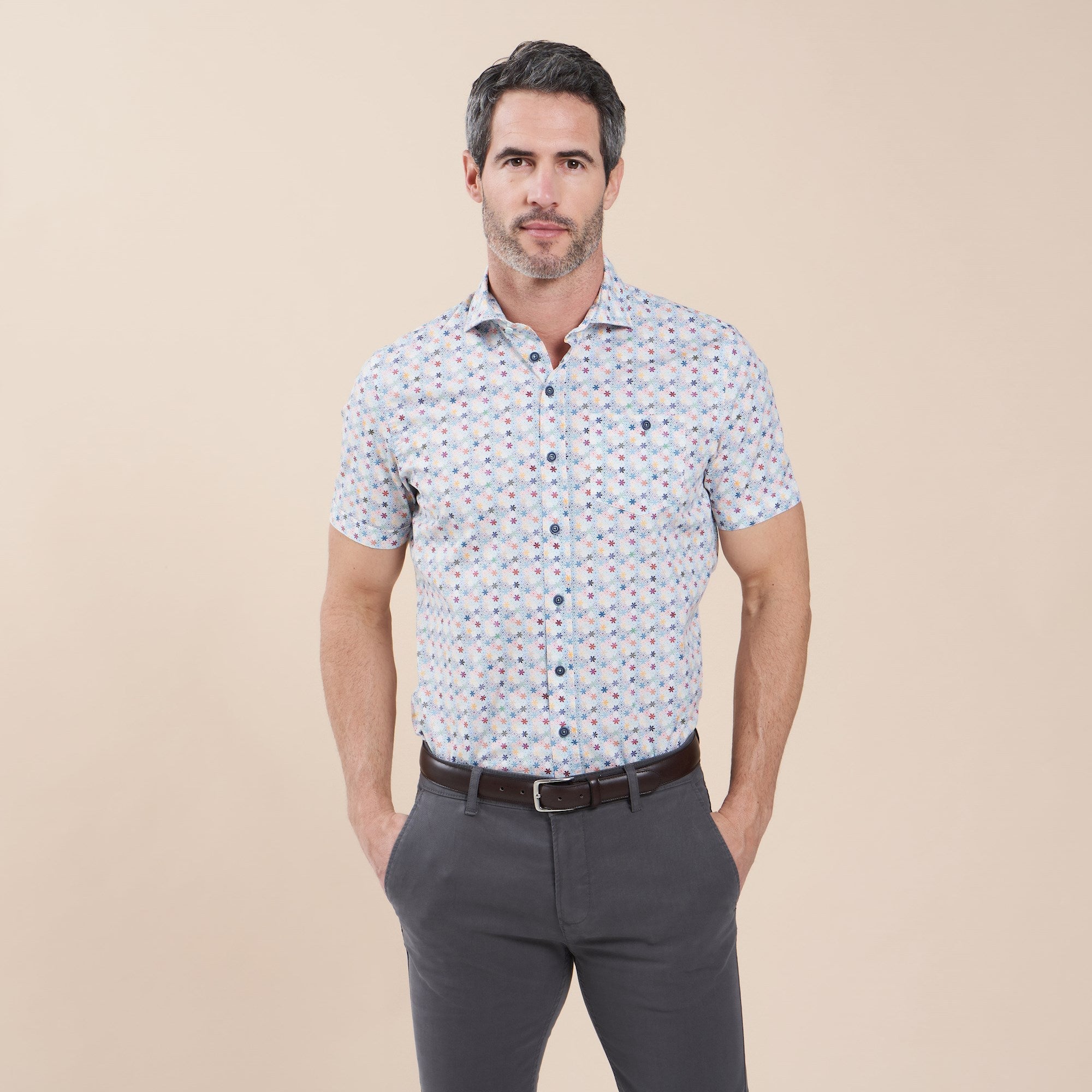 Brand Partner,R2 Amsterdam, R2 Amsterdam White With Multi-Colored Flower Print Short Sleeve Button Up Shirt With Chest Pocket, White, Small-42-TagS