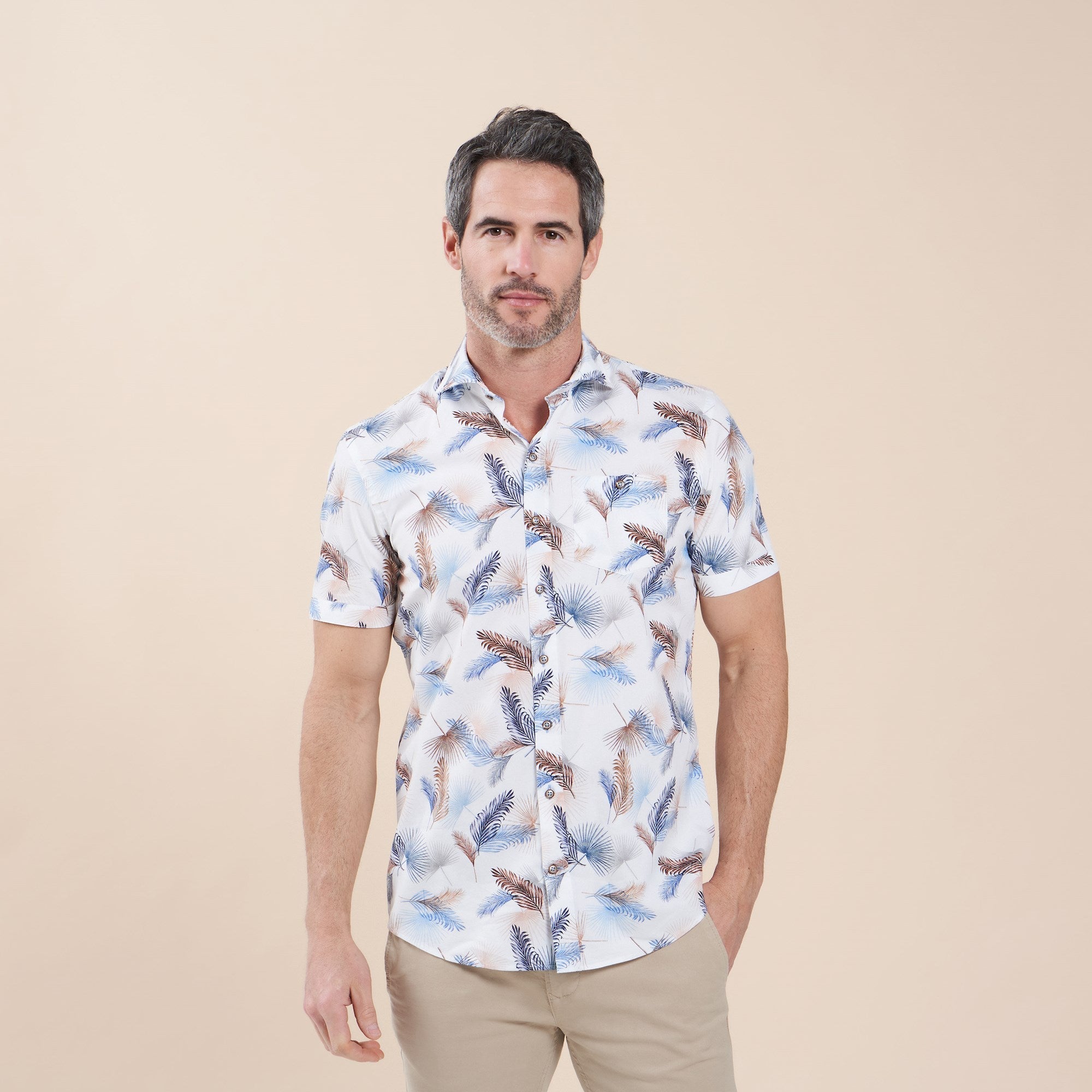 Brand Partner,R2 Amsterdam, R2 Amsterdam White With Multi Color Tropical Leaf Print Short Sleeve Button Up Shirt With Chest Pocket, White, Medium-43-TagM
