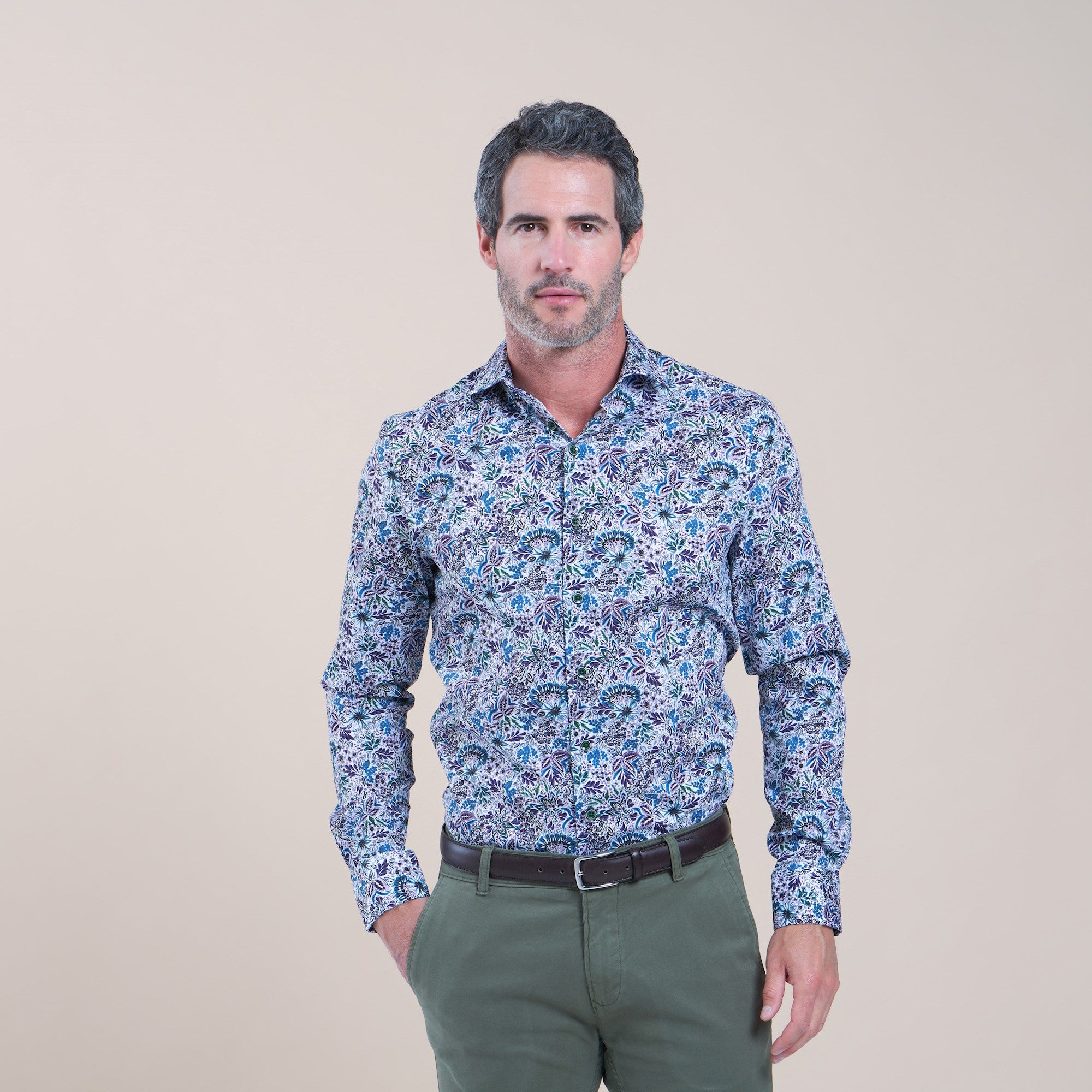 Brand Partner,R2 Amsterdam, R2 Amsterdam White With Purple Floral Paisley Print Long Sleeve Button Up Shirt, White, Small-42-TagS