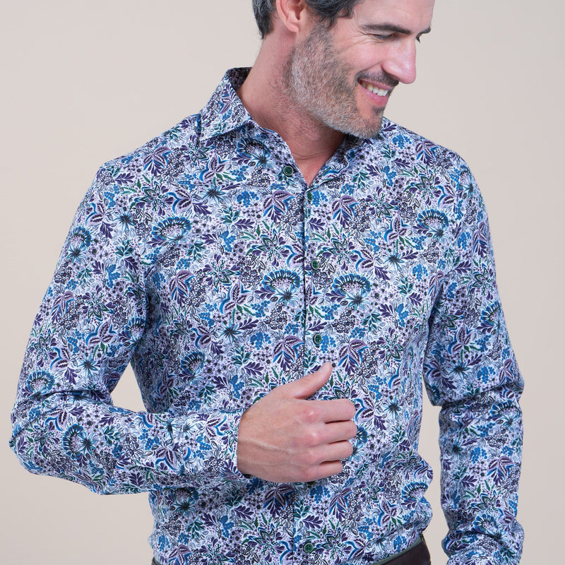 R2 Amsterdam White With Purple Floral Paisley Print Long Sleeve Button Up Shirt