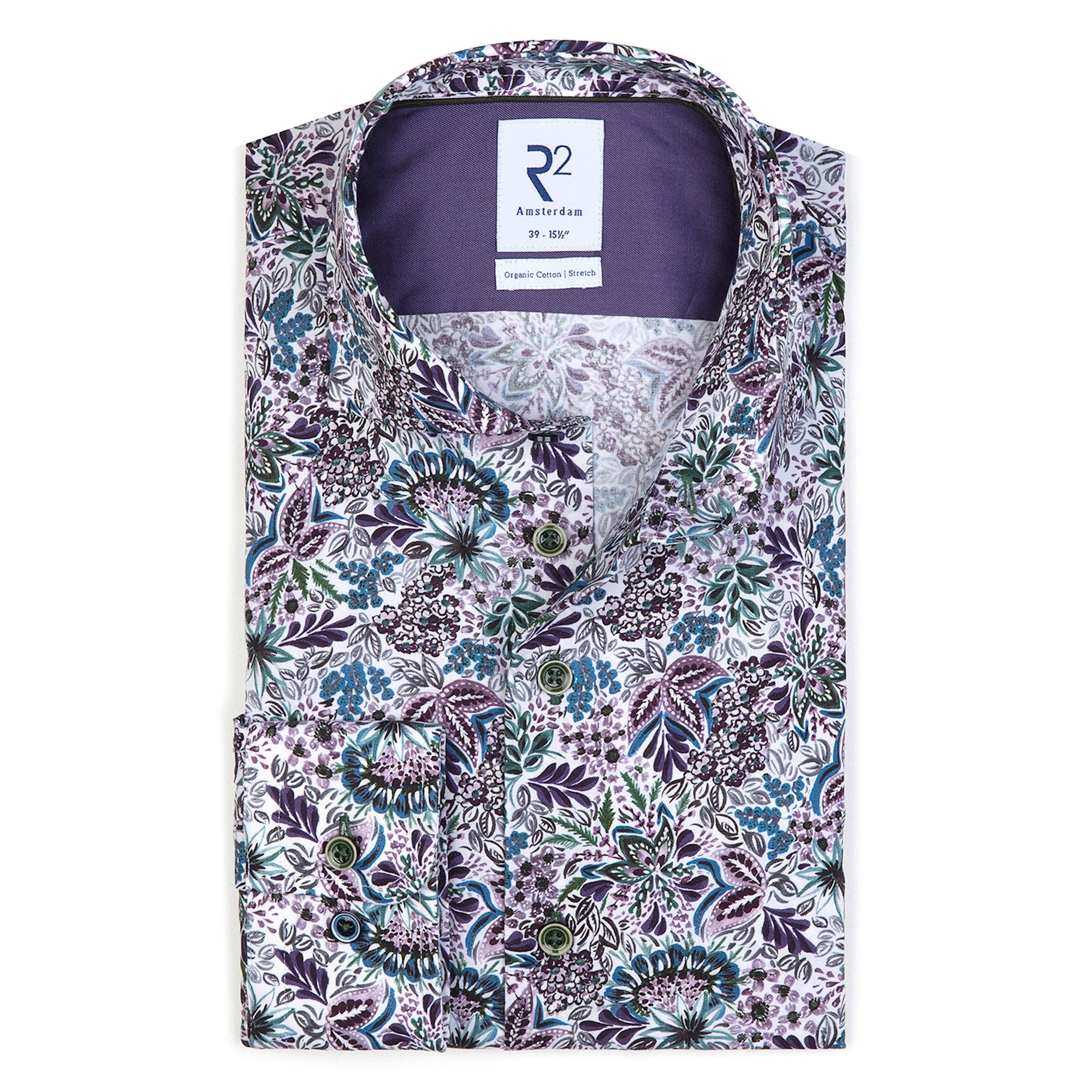 Brand Partner,R2 Amsterdam, R2 Amsterdam White With Purple Floral Paisley Print Long Sleeve Button Up Shirt, White, Small-42-TagS