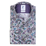 R2 Amsterdam White With Purple Floral Paisley Print Long Sleeve Button Up Shirt