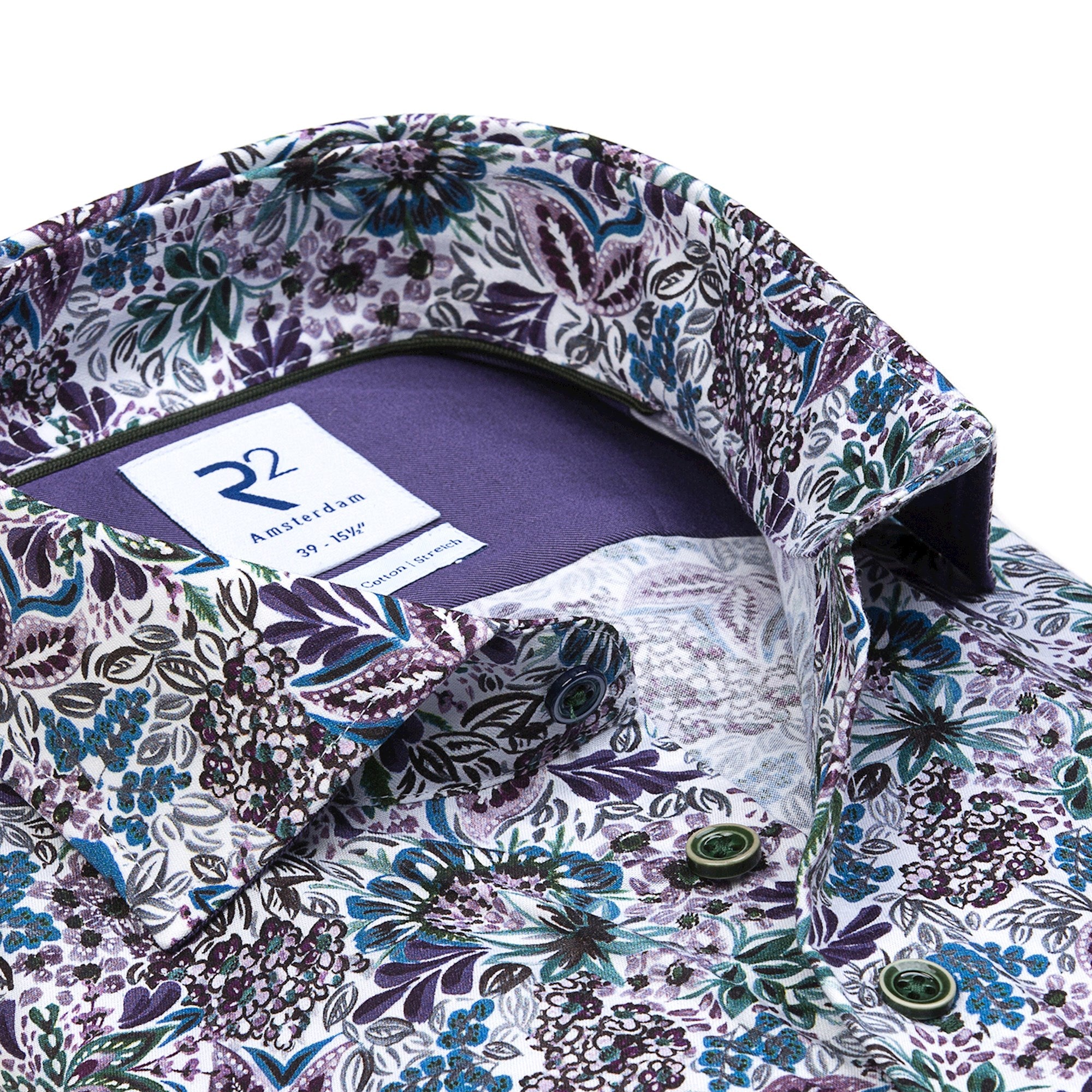 Brand Partner,R2 Amsterdam, R2 Amsterdam White With Purple Floral Paisley Print Long Sleeve Button Up Shirt, White, Small-42-TagS