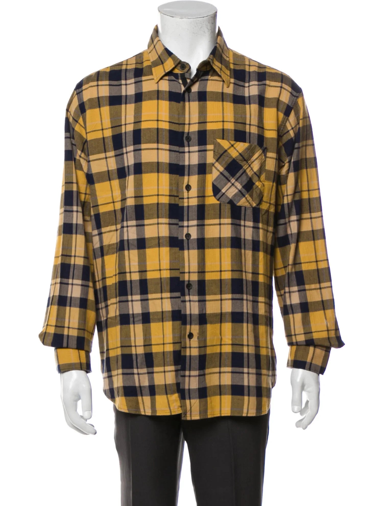The RealReal,Rag & Bone, Rag & Bone Yellow And Navy Plaid Flannel Button Up Shirt With Front Chest Pocket, Yellow, Extra Large-48-TagL