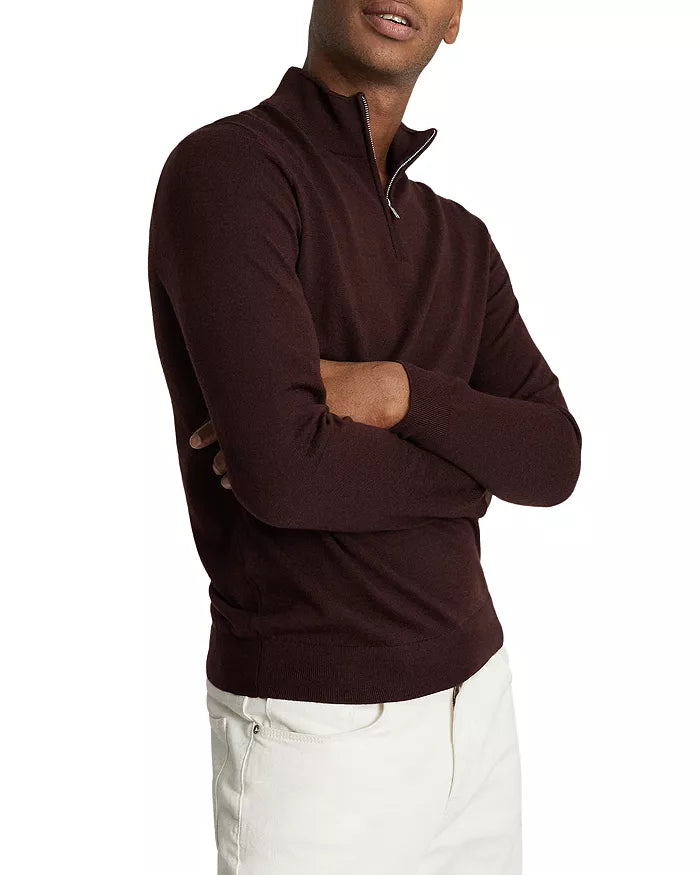 Reiss Burgundy 100% Wool Quarter Zip Pullover Sweater